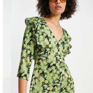 Topshop Women's Green 3/4 Sleeve V-Neck Frill Floral A-Line Midi Dress Size 4